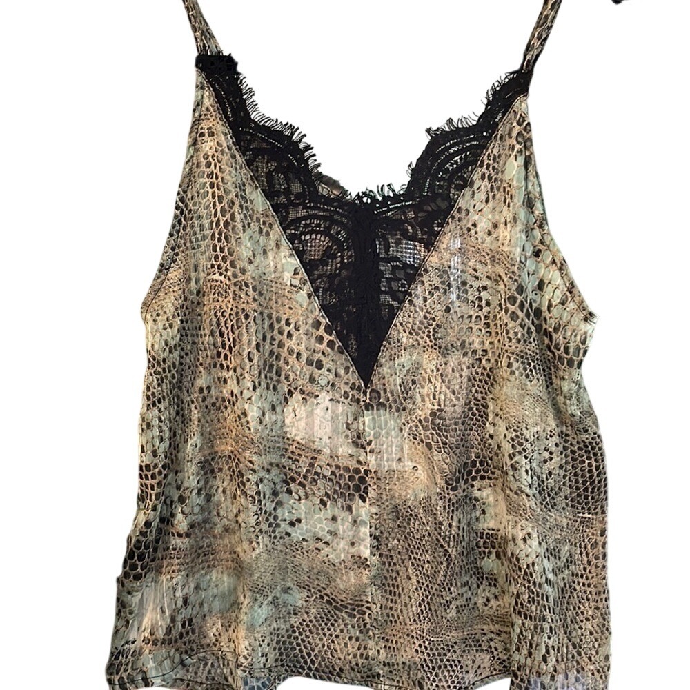 Flawless Snakeskin Print Lace Trim Camisole Top Teal Tan Black Small Office Chic
